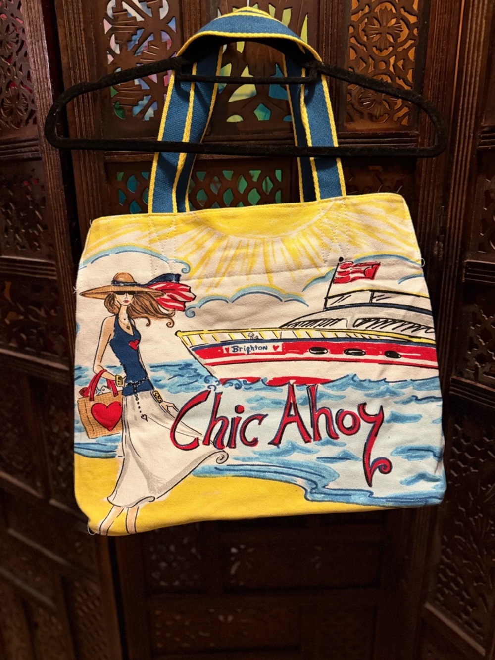 Brighton Canvas Tote with Patriotic Beach Illustration - Blue, Red, Tan, White - Picture 5 of 6
